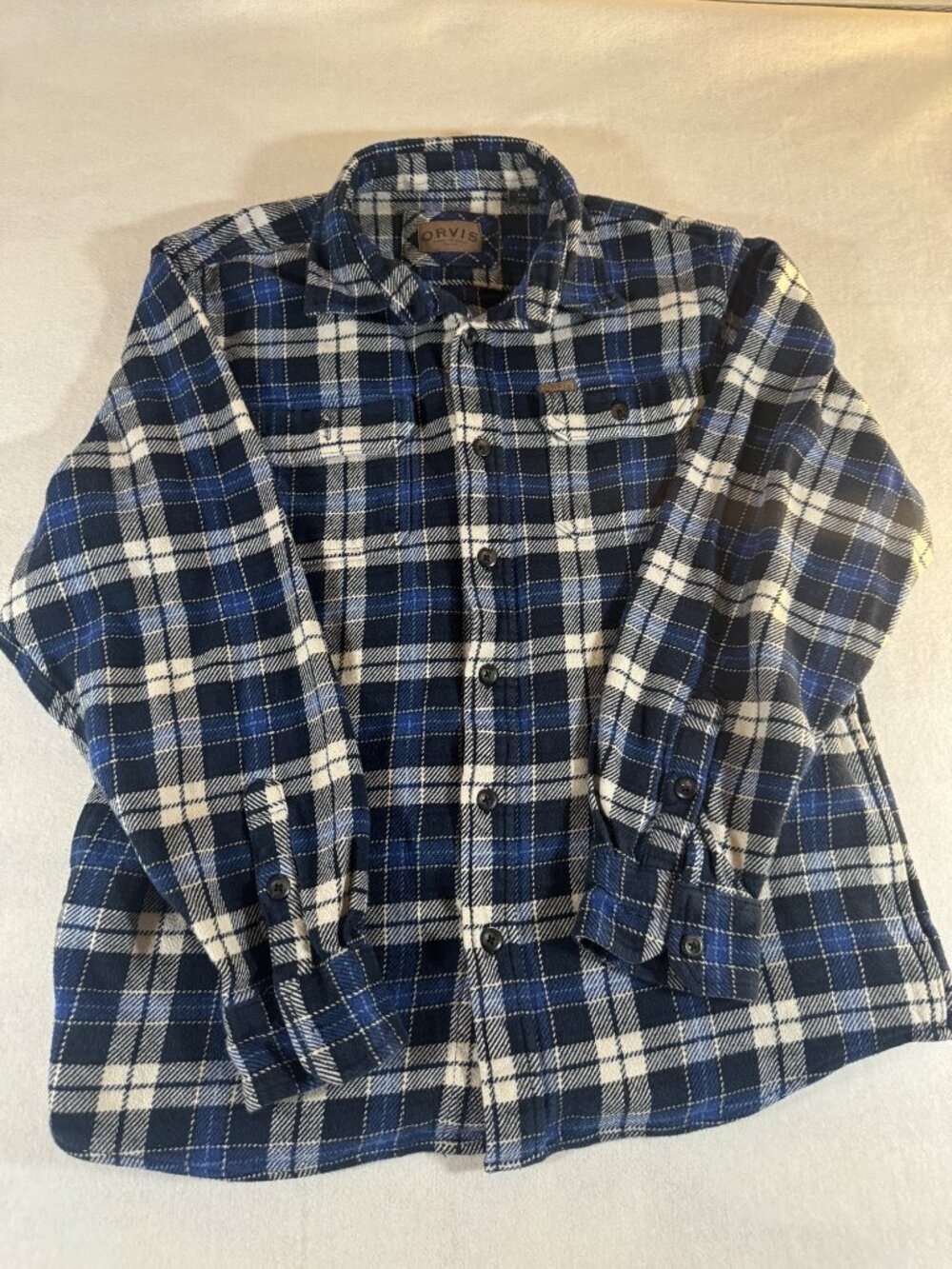 Orvis Classic Collection Mens L Blue Navy Plaid Flannel Button Up Shirt Cotton